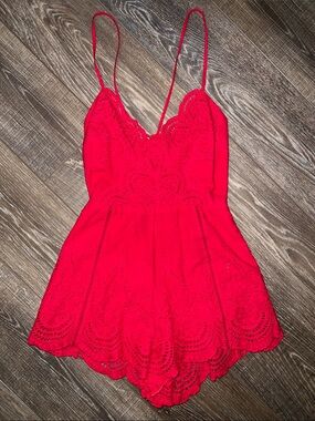 TOBI Red Lace Trim Spaghetti-Strap Mini Dress